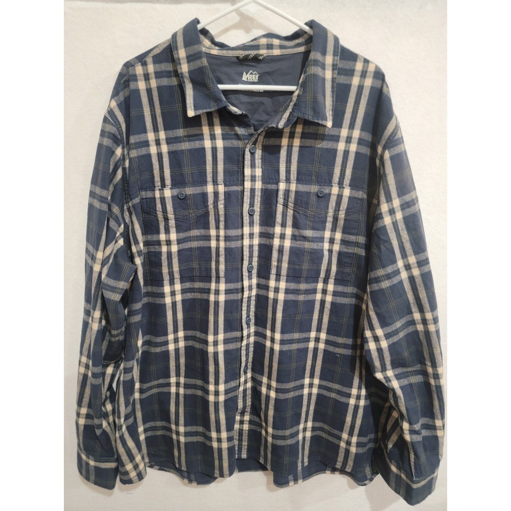 REI Co-op Men's 3XL Flannel Shirt Cotton‎ Blue Tan Plaid Long Sleeve Button Down
